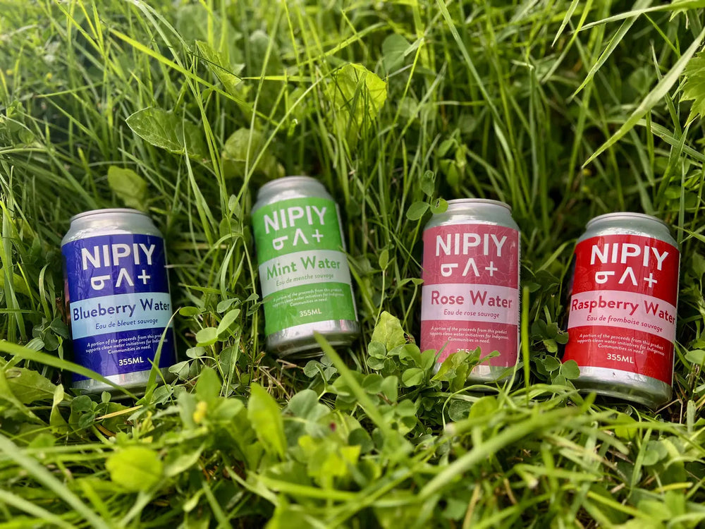 Blueberry, Mint, Rose and Raspberry Nipiy cans in grass